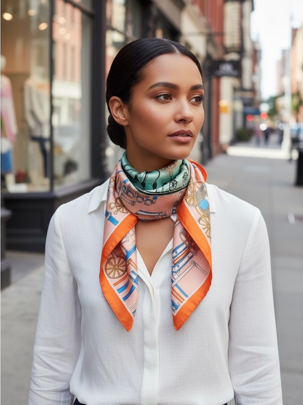 Luxury 100% silk long scarf, wrap Multicolor Patterned horse-carriage new